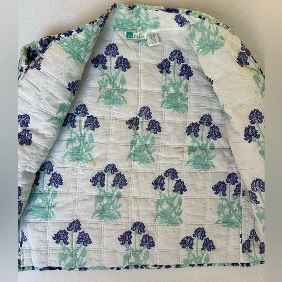 Vintage La Cera Quilted Floral Jacket Teal Blue Cotton Size M - Picture 3 of 6